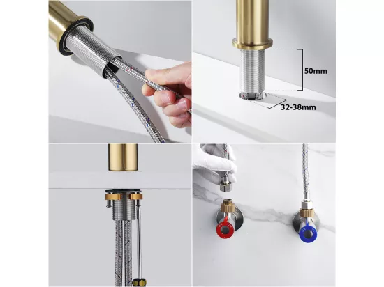 2pcs Robinet de Lavabo Bec Rotation 360°, Mitigeur à Eau Chaude et Froide pour Vasque, Robinet de Salle de Bain avec Barboteur Démotable, Doré