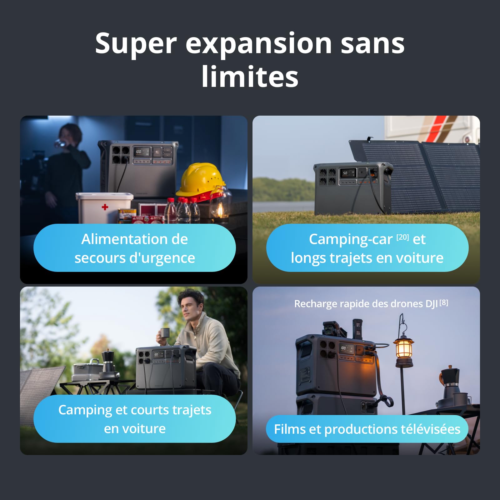 DJI Power 2000, station électrique portable 2 048 Wh (Batterie LFP), format compact, sortie stable de 3 000 W, recharge de 0–80% en 45 min, générateur