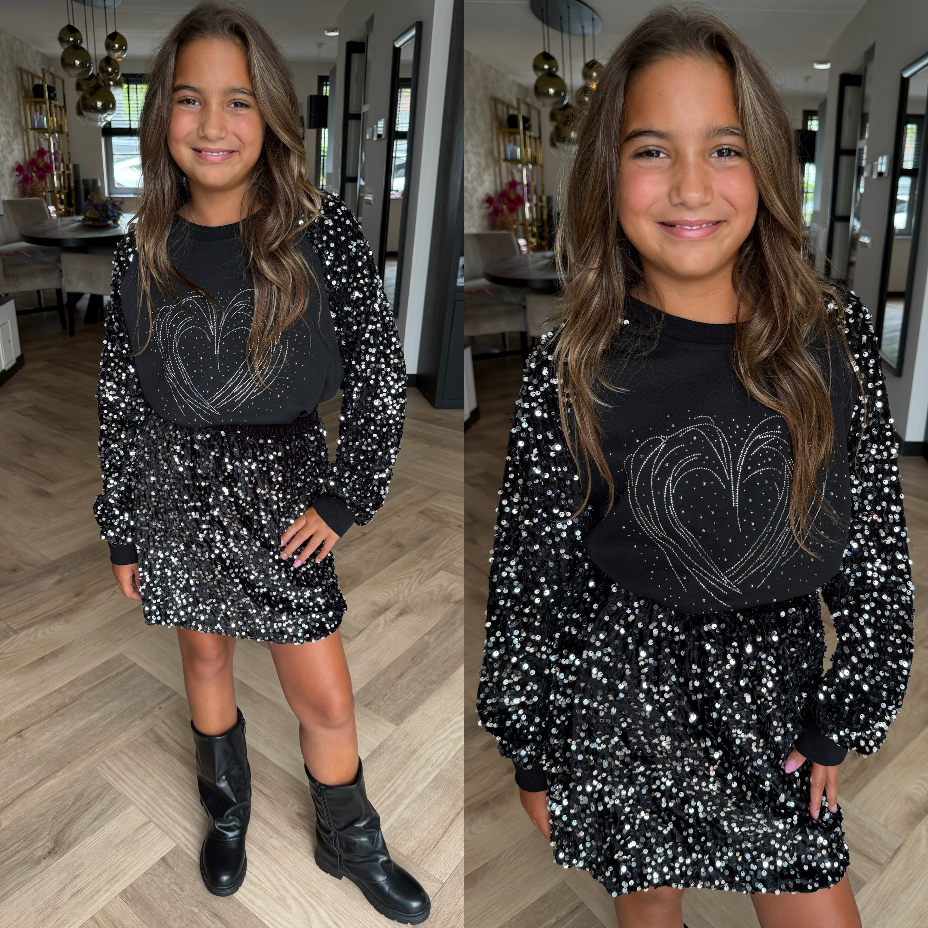 Paillet skirt & heart set - zwart/zilver