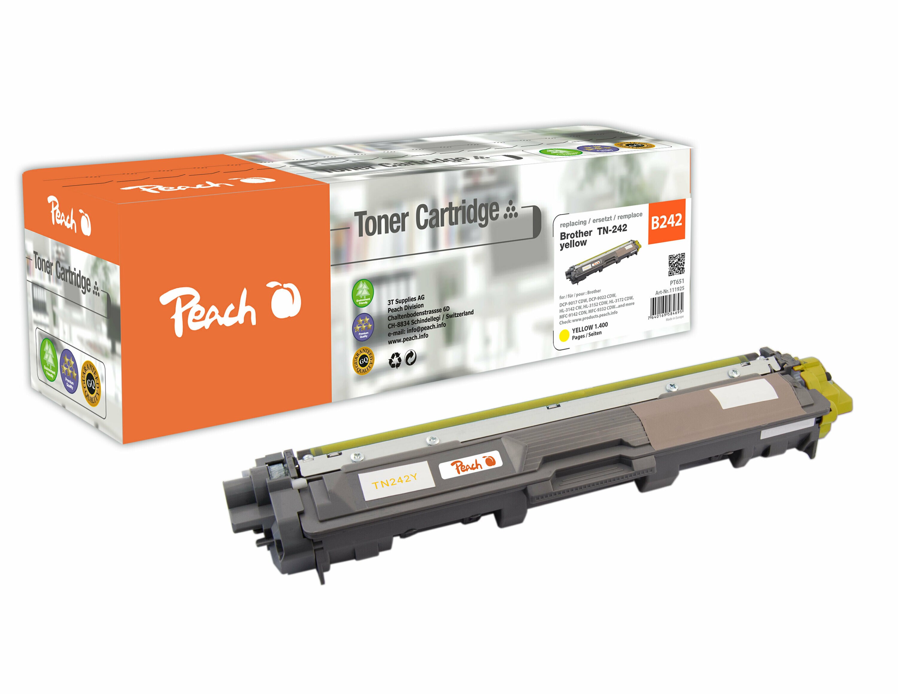 Peach B242 Y Toner ye ersetzt Brother TN-242Y für z.B. Brother DCP -9022 CDW, Brother HL -3142 CW, Brother HL -3152 CDW, Brother HL -3172 CDW (wiederaufbereitet)