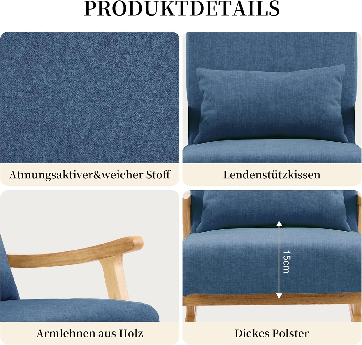 Mid-Century Modern Schaukelstuhl, Schaukelsessel mit Lendenkissen, Gepolsterter Stillsessel mit Holzarmlehnen & Holzbeinen, Bequemer Sessel für Wohnzimmer, Schlafzimmer & Babyzimmer, Blau