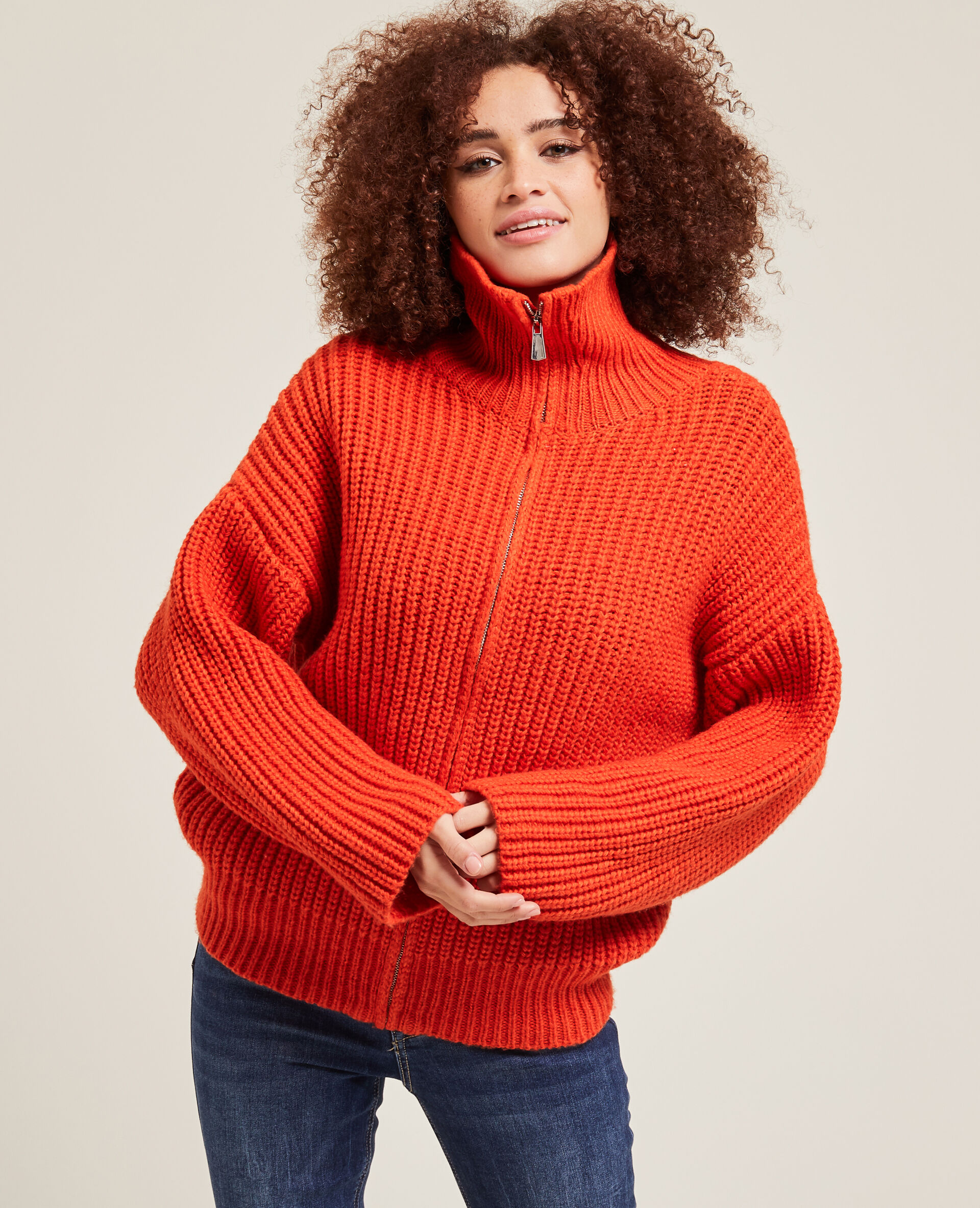 Gilet zippé grosse maille - Orange