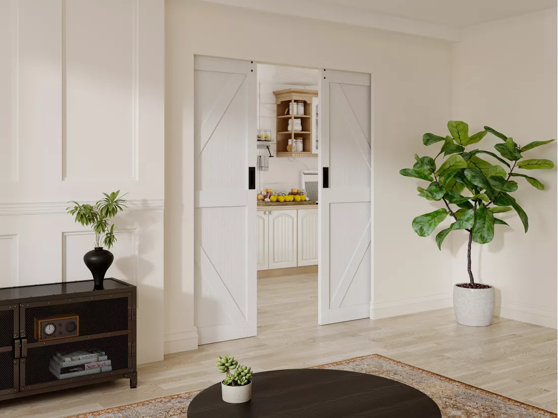 Porte coulissante double avec système à galandage en bois et MDF - blanc - 2 x H205 x 83 cm - NEFARA