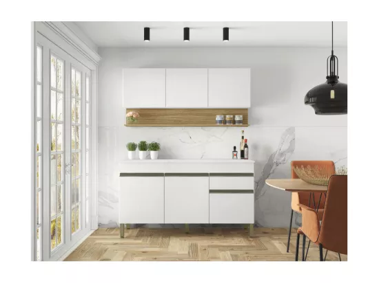 Cuisine Equipée 6 Portes 1 Tiroir Chêne et Blanc 9 Niches L 120 H 200 P 53.3 cm