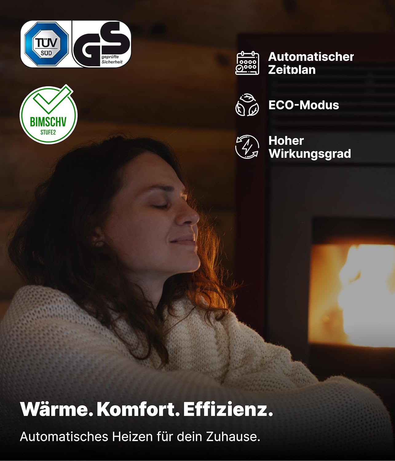 UMBRELLA® PR8 Pelletofen 9kW bis 220m³ – Elektrokamin mit ECO-Modus, Wi-Fi Ready, Wochen-Timer & Überhitzungsthermostat für effizientes Heizen – Schwarz
