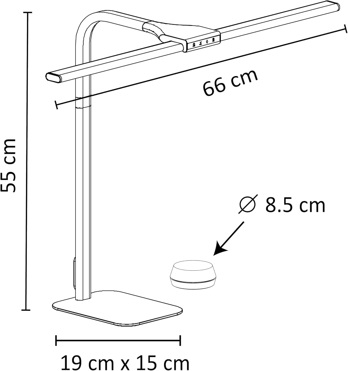 Unilux Strata base LED Schreibtisch-Leuchte dimbar, 66cm breit, Memory-Funktion für Lichtstärke und Farbtemperatur mit 4 TIMER-Funktionen, inkl. Fernbedienung, 2235 lm, weiß