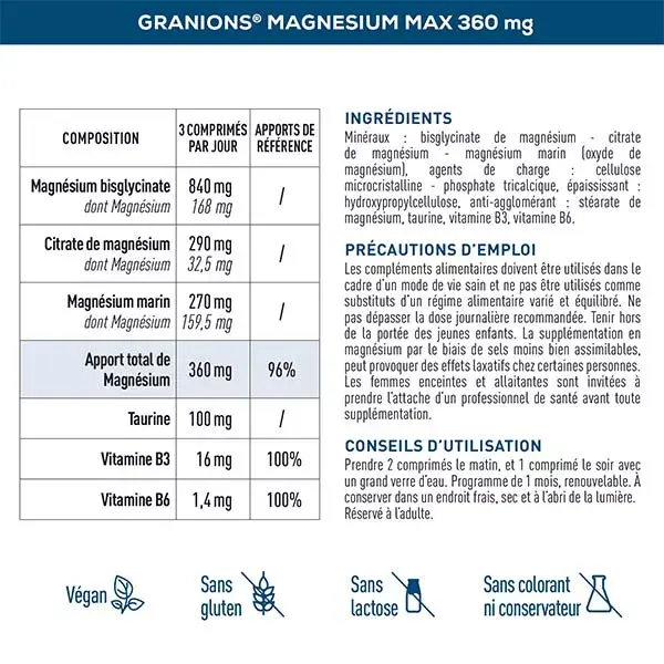 Granions Magnésio Max 360 mg Ajuda a reduzir o estresse e a fadiga. Ação 24h. 90 comprimidos.