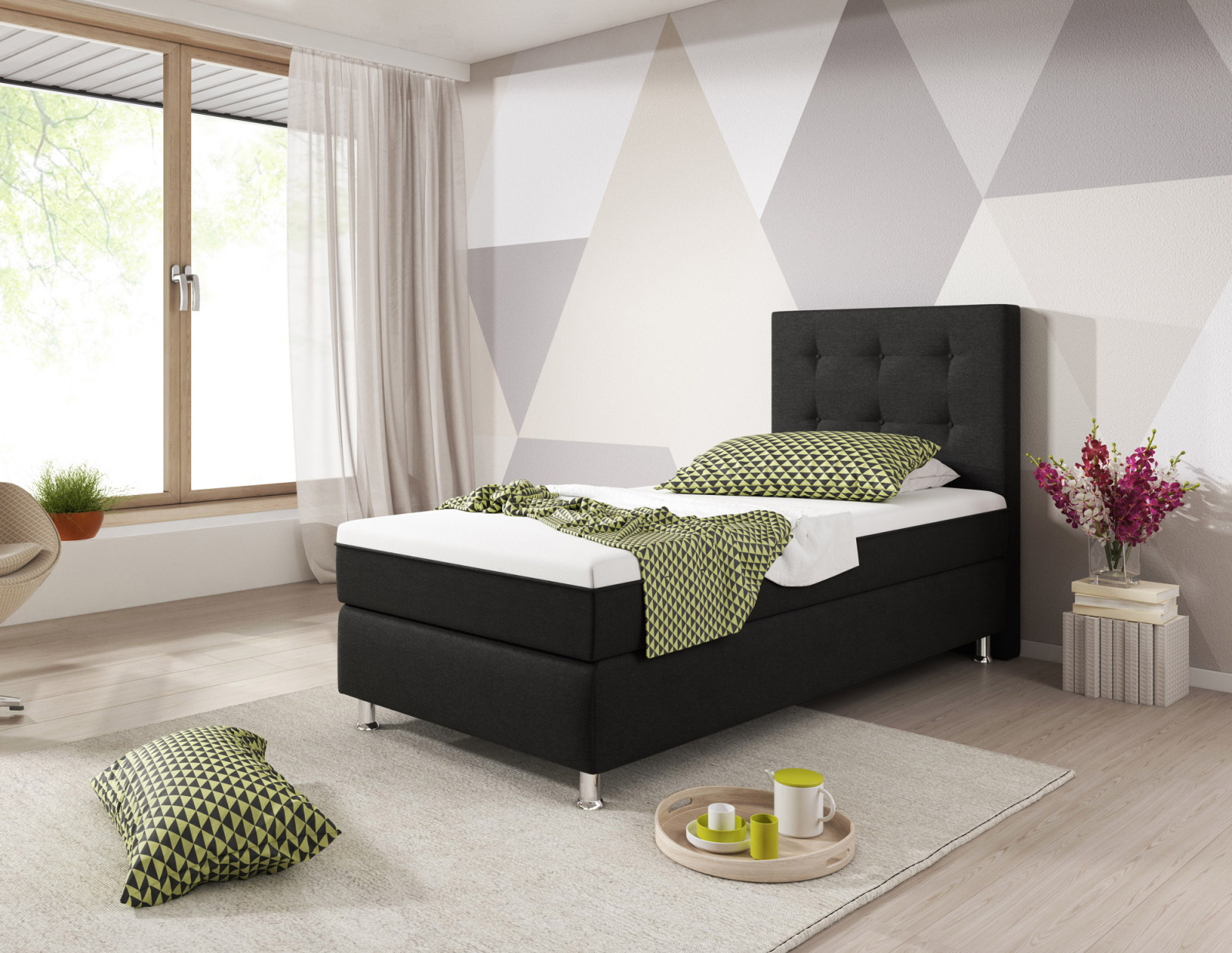 Boxspringbett - schwarz - H3 - 90x200 cm