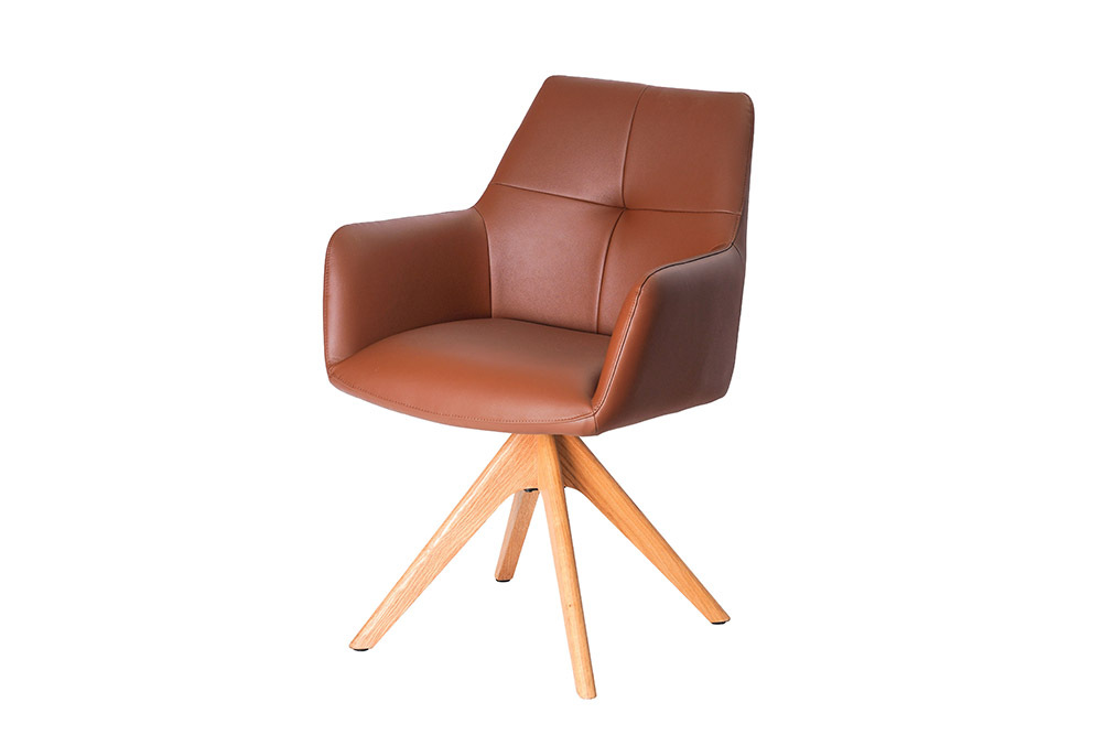 Drehbarer Stuhl ALMARA cognac braun Echtleder 360° Taschenfederkern Eiche Massivholz