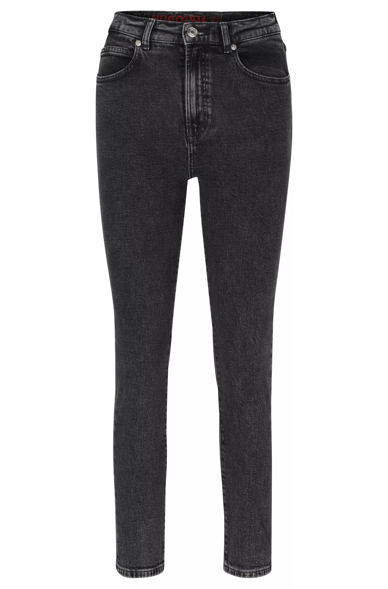 Calça jeans HUGO vermelha, modelo mom slim fit, em denim preto elástico.