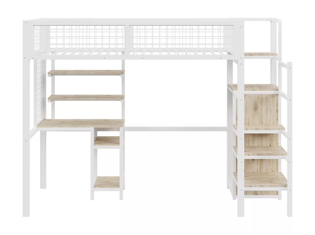Lit mezzanine 90 x 200 avec bureau et armoire - Structure en fer - Sommier à lattes - Blanc (sans matelas)