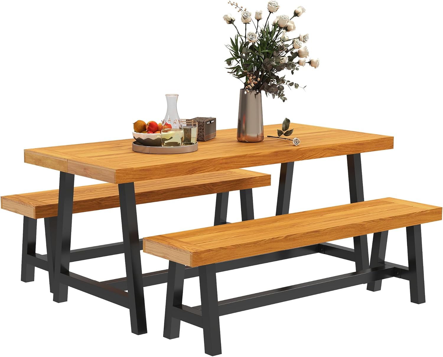 Outsunny Sitzgruppe 3-teilig Holz Essgruppe für 4 Personen im Lamellendesign Esstisch mit 2 Bänke Esszimmergruppe mit Holztisch Küchentisch-Set Balkonmöbel Gartenmöbel für Terrasse, Balkon Teak