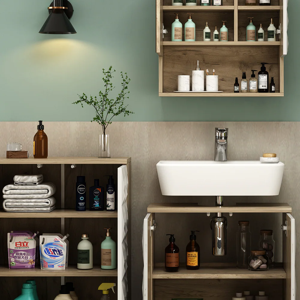 Vicco Badmöbel-Set Badezimmer-Möbel Bad-Schrank Edge Eiche Weiß modern Badezimmerschrank Waschbeckenunterschrank Spiegelschrank Badezimmerkommode