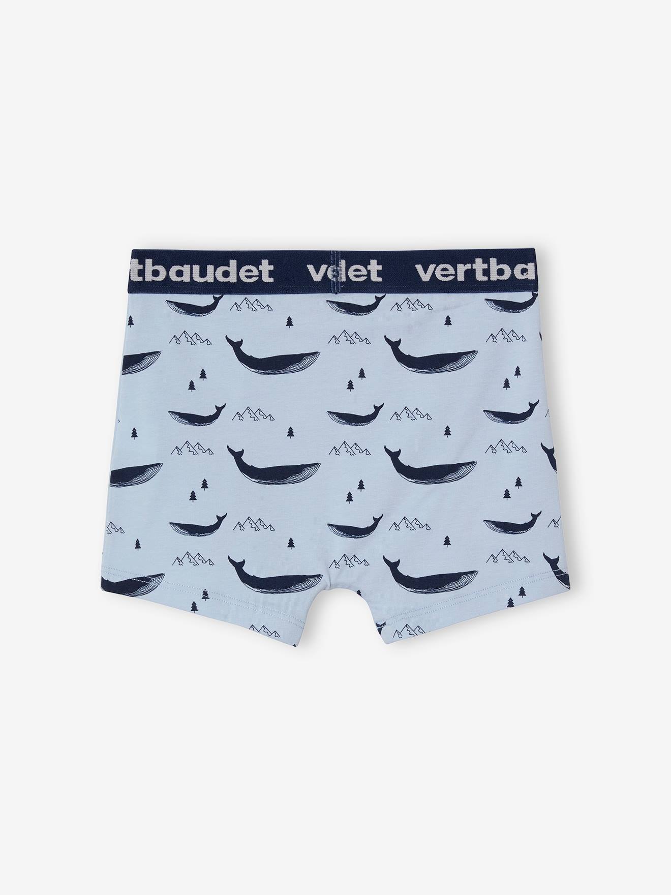 Conjunto de 5 cuecas boxer elásticas, com estampa de baleias e certificação Oeko-Tex®, para meninos, na cor azul claro.