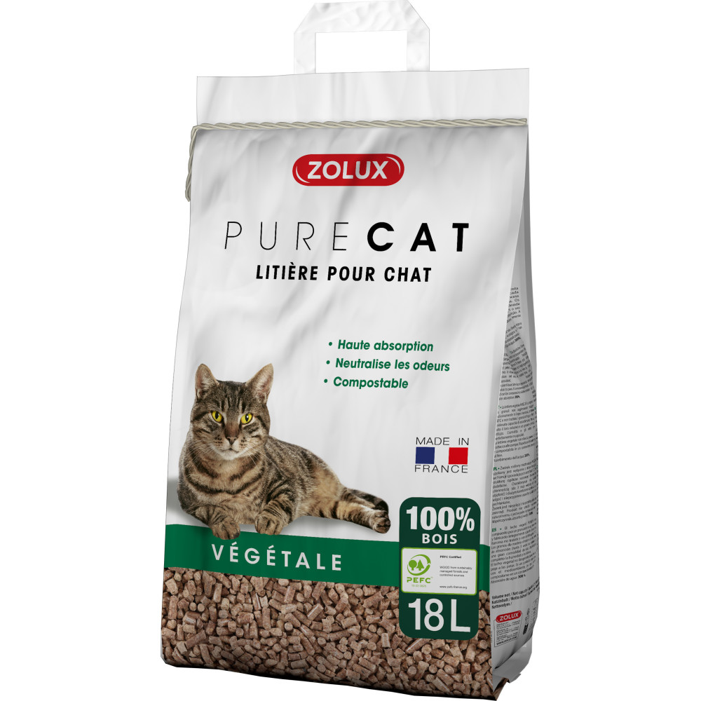 Litière végétale granules de bois purecat 18 l soit 12.5 kg pour chat