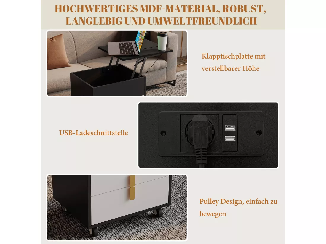 Table de chevet avec 2 tiroirs et plateau relevable - 74 x 40.2 x 71 cm - prise USB et roulettes inclus - Bois MDF - Noir et blanc