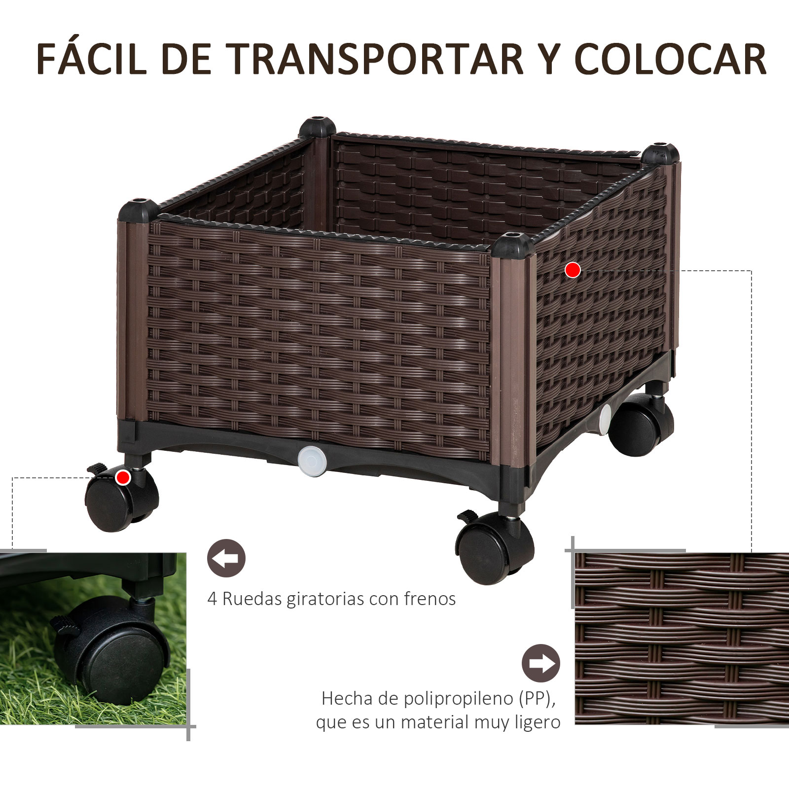 Vaso de plástico curvo Outsunny com 4 rodas, vaso de flores com furos de drenagem para cultivo de plantas ao ar livre, pátio, terraço, 40x40x31,5 cm, marrom