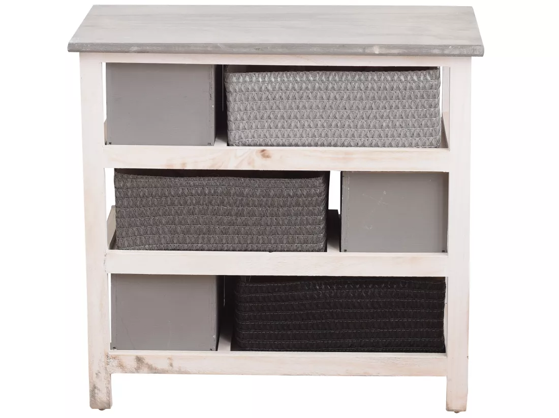 Meuble Commode 6 Tiroir Bois Osier Gris Blanc Rustique 53x56x27