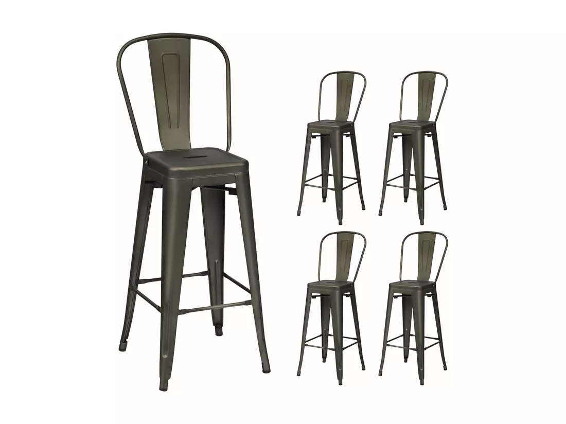 Lot 4 tabourets de bar empilable en métal avec dossier amovible, hauteur d'assise 76,5 cm