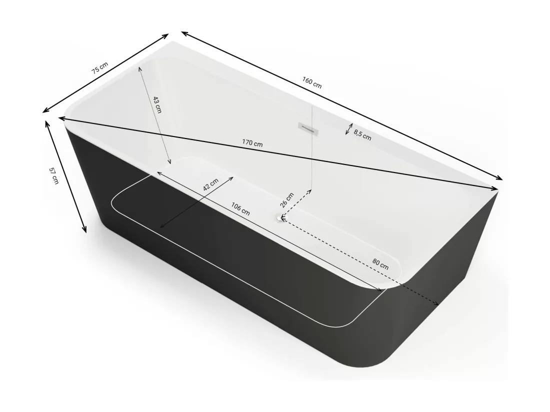 Baignoire semi-îlot Murale MINT 160 Noire 160x75cm, by SPALINA