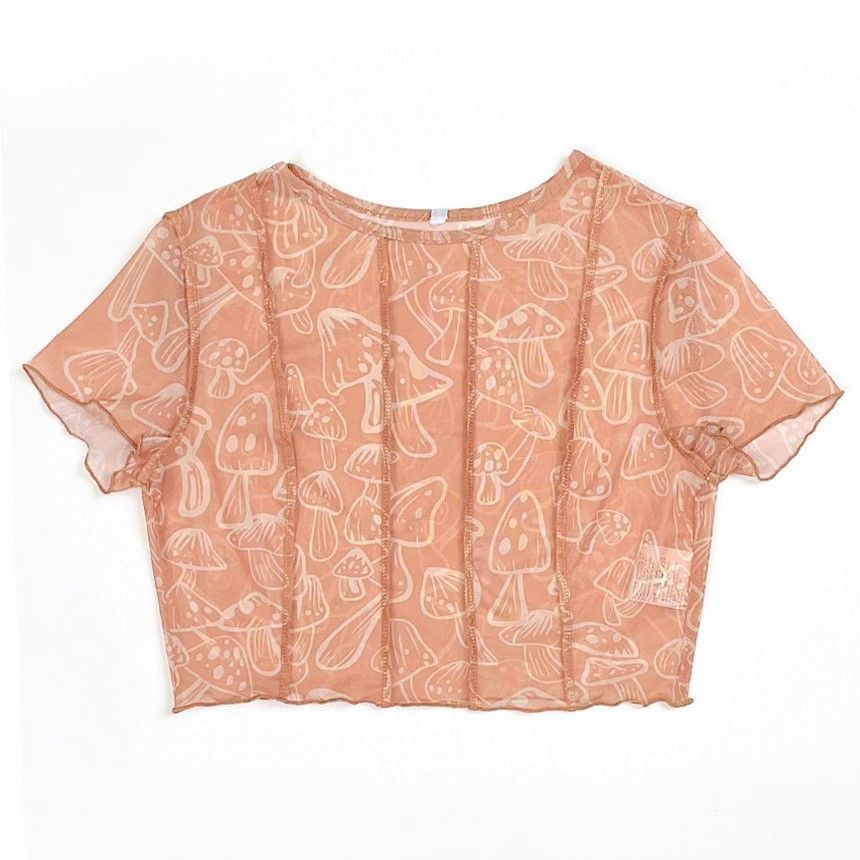 Pandaramma - Crop top met korte mouwen, mesh, ruches en paddenstoelenprint