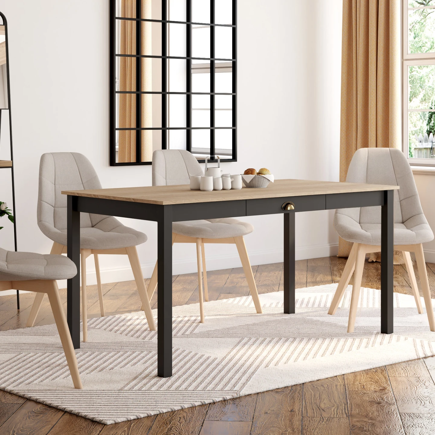 Table à manger rectangle ISIS 8 personnes avec tiroir bois et noir 150 cm