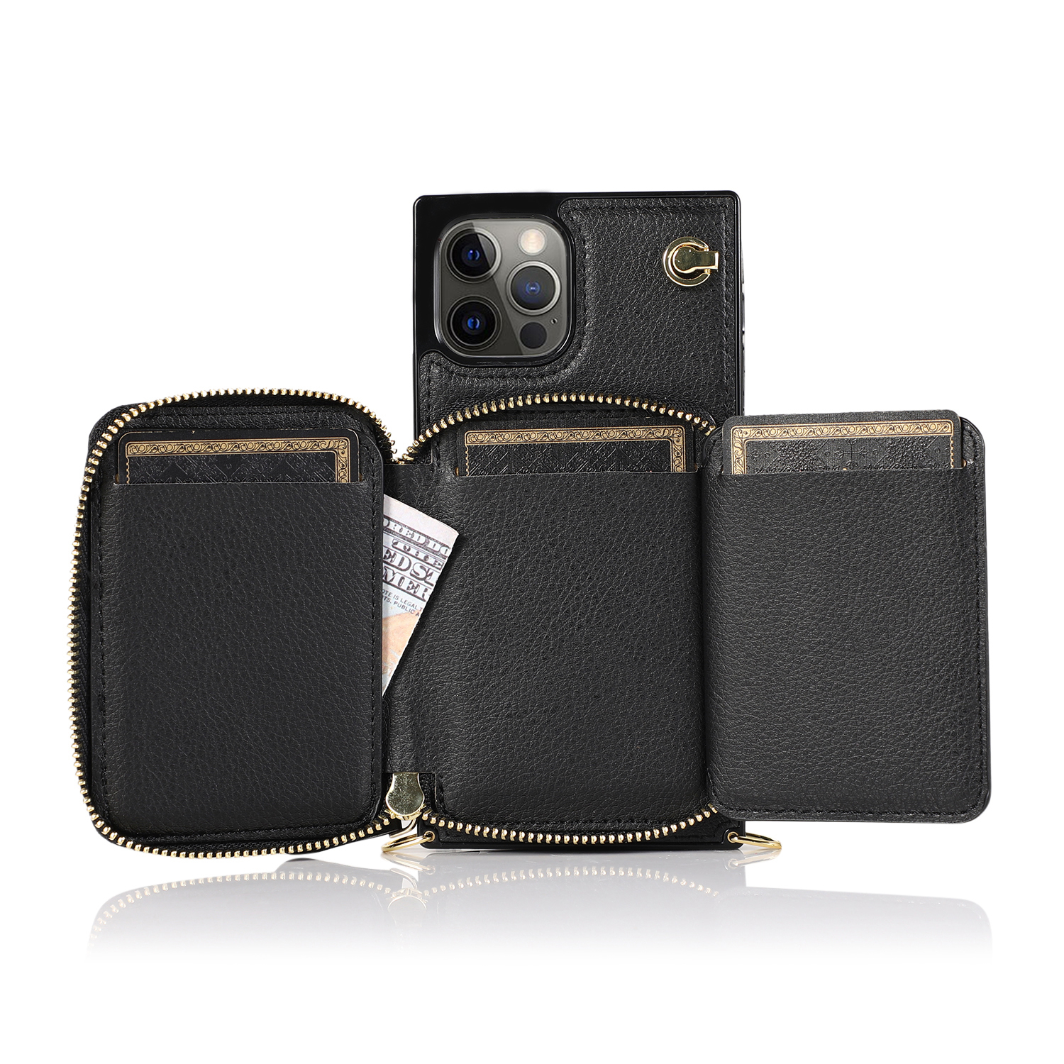 iPhone 12 / iPhone 12 Pro Necklace Leder Schutz Hülle mit Kartenfächer   Handykette (140cm) - Schwarz