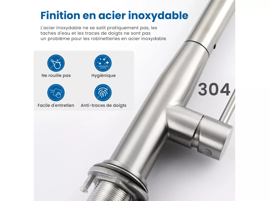 Robinet Cuisine Douchette,MitigeurCuisine avec Douchette, Robinetterie Cuisine avec Douchette Extractible Rotatif360° Eau Froide/Chaude,Brossé