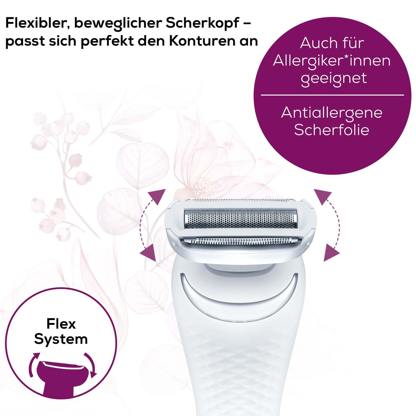 HL 36 Elektrischer Damen Rasierer Wet & Dry mit Ladestation / Peeling- / Gleit- / Trimmaufsätzen (57613) - Weiss / Lila