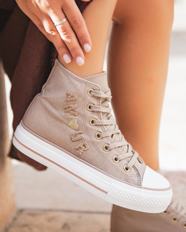 Basket femme montante en toile taupe - Lucile