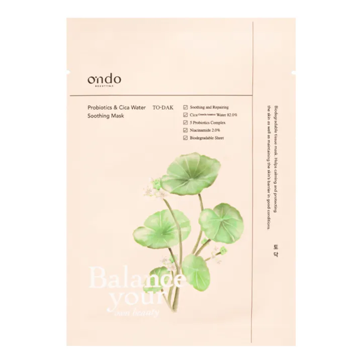Ondo Beauty Masque en tissu apaisant Probiotiques et Eau de Cica - 25 ml