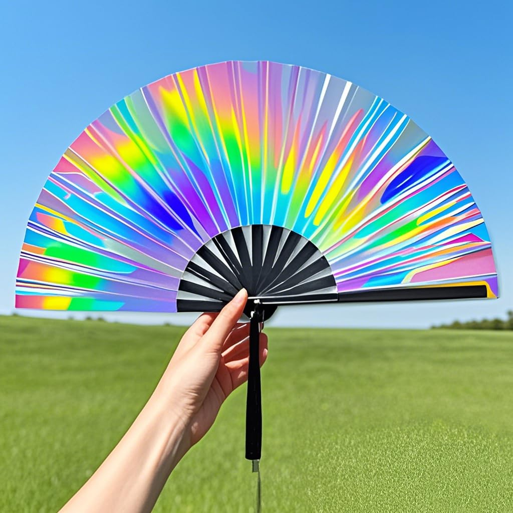 (62cm) Rainbow Fächer Fasnachts Kostüm Zubehör Motto Party Accessoire Glänzender Festival Handfächer - Irisierend