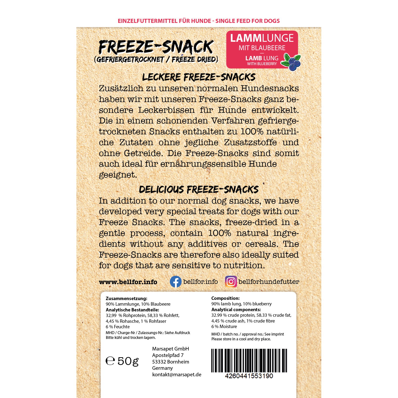 Freeze-snack pour chiens - poumon d’agneau avec myrtilles (lyophilisé) - 50g