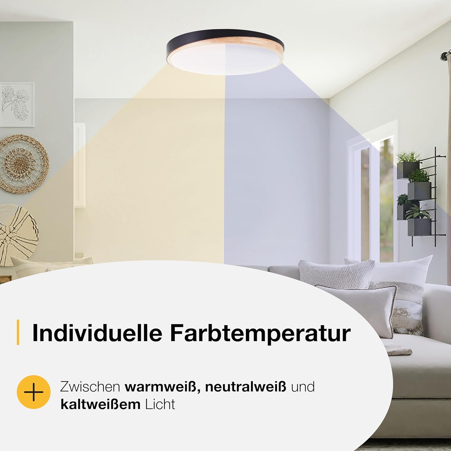 Brilliant Baarlo LED-Deckenleuchte, Farbtemperatur einstellbar (3.000 K–6.500 K), Fernbedienung, stufenlos dimmbar, LED-Lampe für Wohnzimmer & Schlafzimmer, 4.500 Lumen, 36 W, 52 cm, matt schwarz/holz
