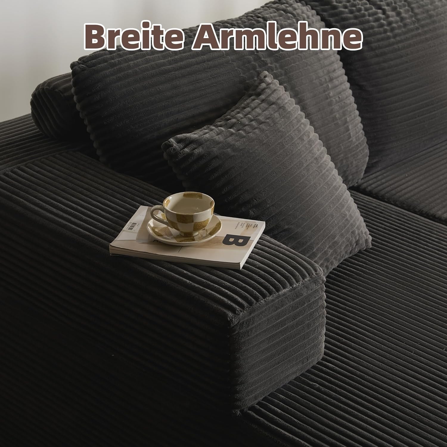 Modulares L-förmiges Ecksofa mit Schlaffunktion – rahmenloses Schlafsofa mit Chaiselongue Links, extra tiefer Sitzfläche, montagefrei, für Wohnzimmer,Grau