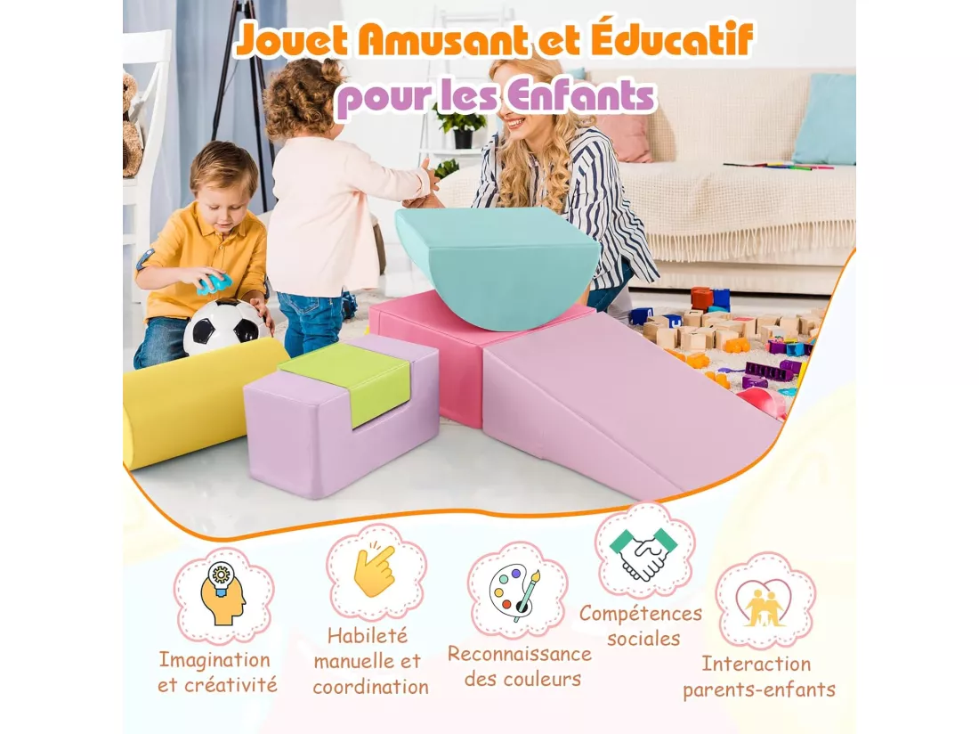 6 PCS Parcours Motricité Bébé en Mousse EPE avec Housse en PU, Module Motricité Bébé avec Fermeture Clair & Formes Différentes, Jouets Éducatifs pour Enfants d'Âge Préscolaire (Rose+Jaune)…
