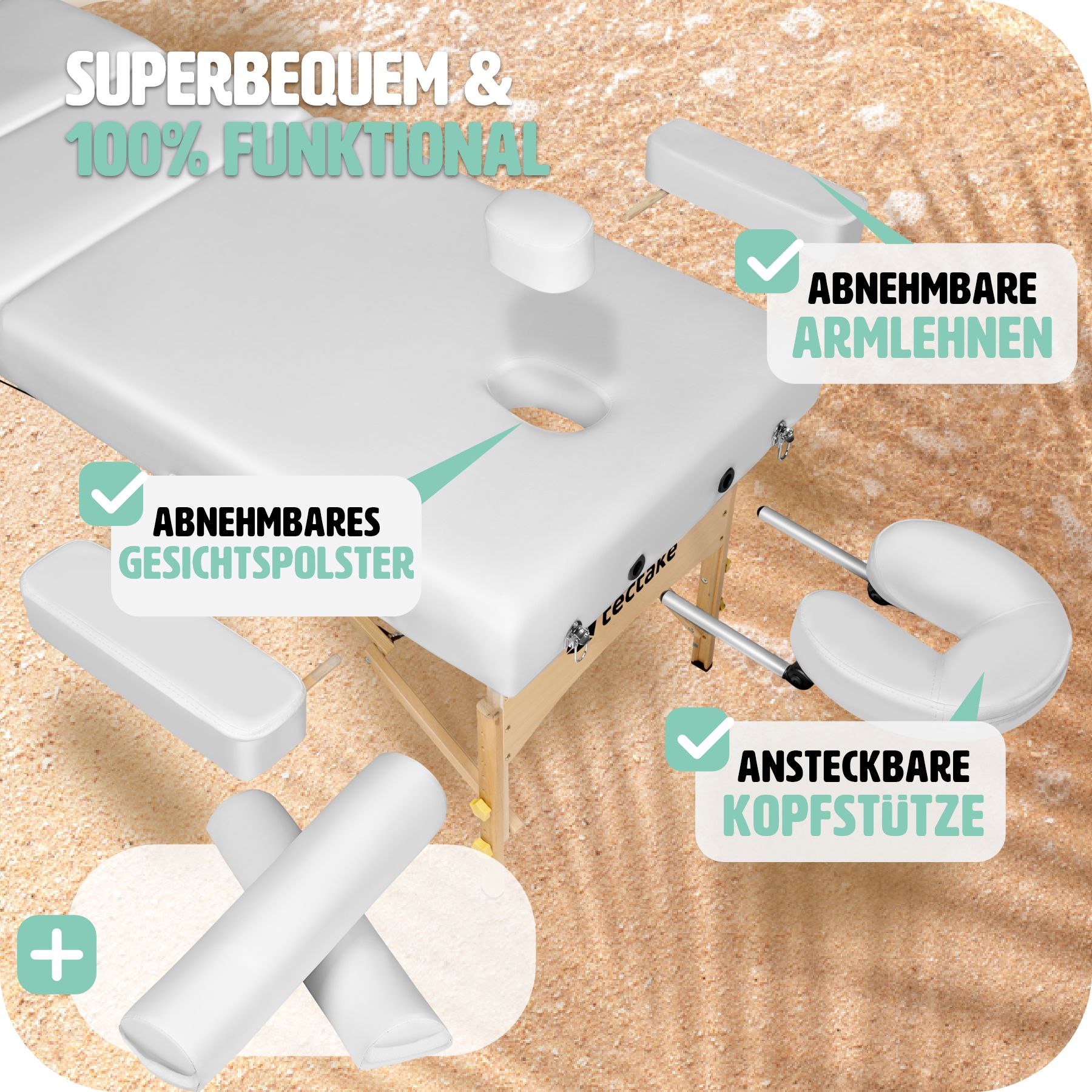 tectake® 3 Zonen Massageliege-Set, inklusive Lagerungsrollen und Tragetasche, klappbar und höhenverstellbar, 218 x 102 x 65 - 90 cm