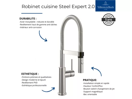 Robinet cuisine VILLEROY ET BOCH Steel expert 2.0 anthracite