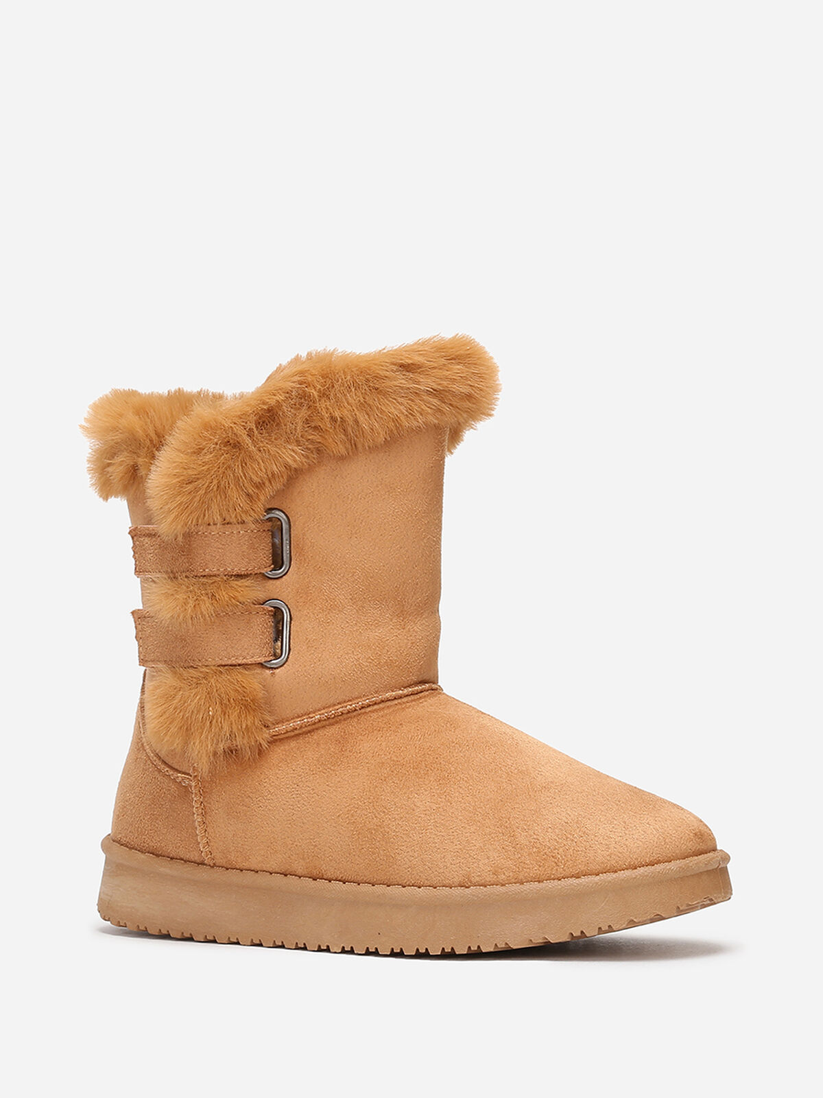 Boots en suédine et fausse fourrure à scratchs- Camel