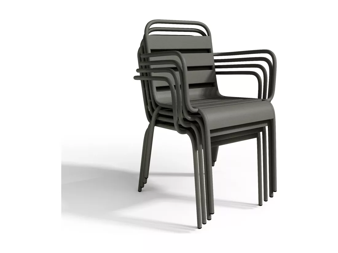 Salle à manger de jardin en métal - une table ronde D.130cm et 6 fauteuils empilables - Gris anthracite - MIRMANDE de MYLIA