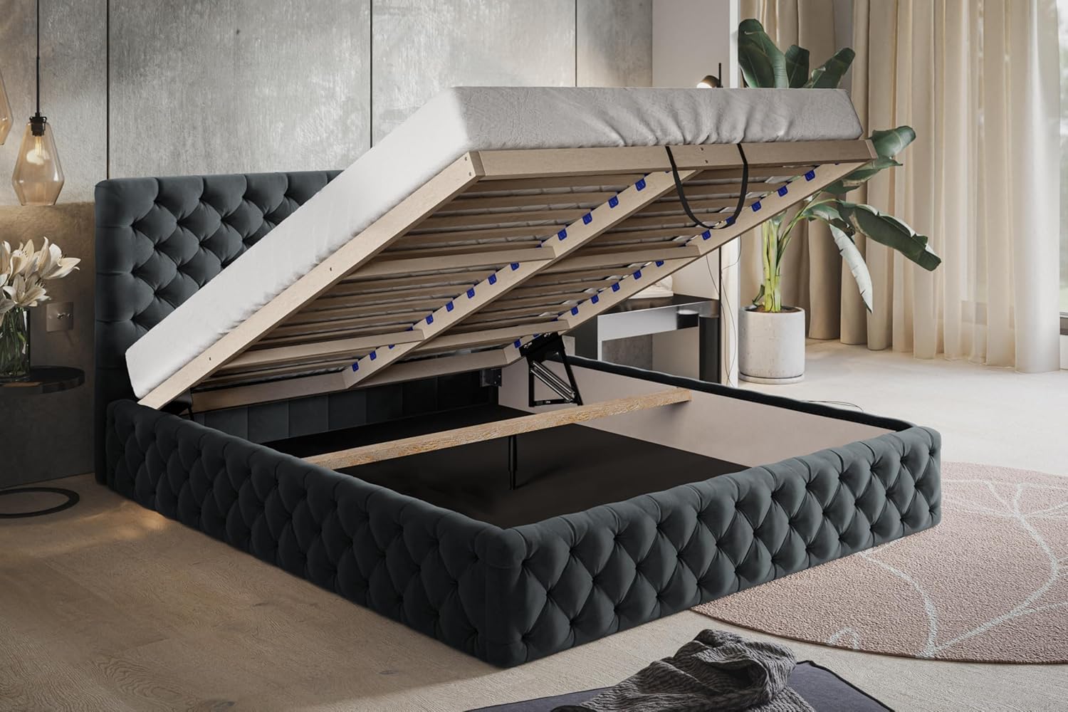 Bett 120x200 - Polsterbett mit Bettkasten und Holzrahmen - Elegant Betten - Weicher Jasminstoff - Kollektion Miami, Dunkelgrau