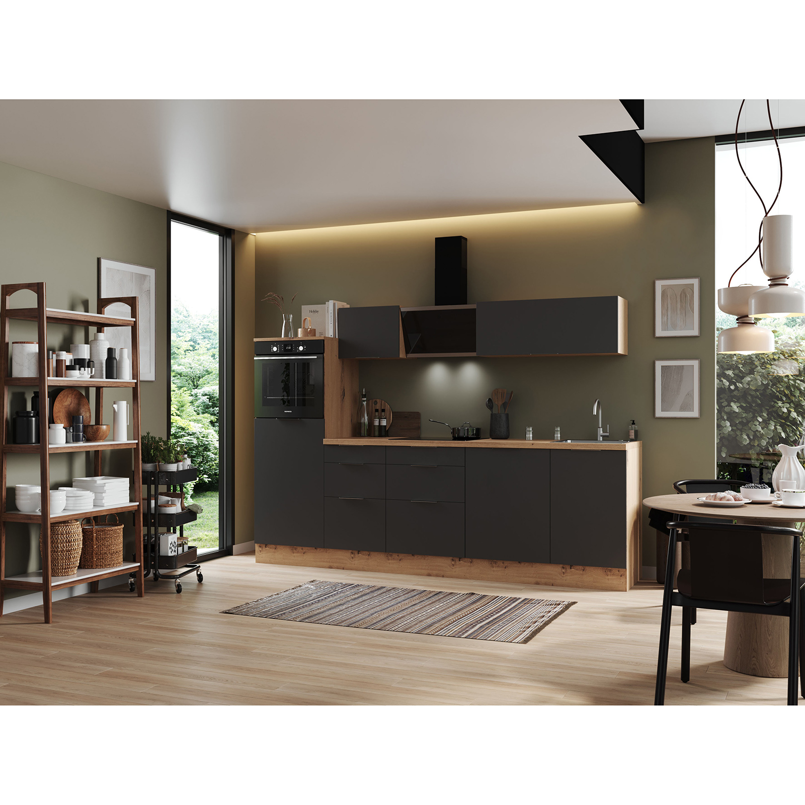 RESPEKTA Küchenblock - grau matt - Artisan Eiche - mit E-Geräten - 280 cm
