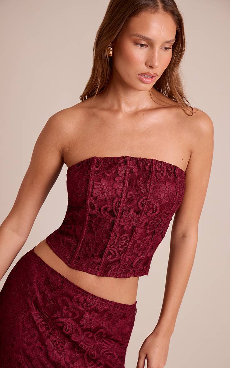 Rouge Vin Top Corset Bustier À Lacets Avec Baleines Ensemble Coordonné