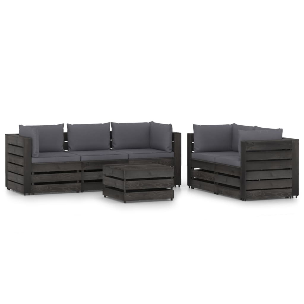 Salon de jardin meuble d'extérieur ensemble de mobilier 6 pièces avec coussins bois imprégné de gris