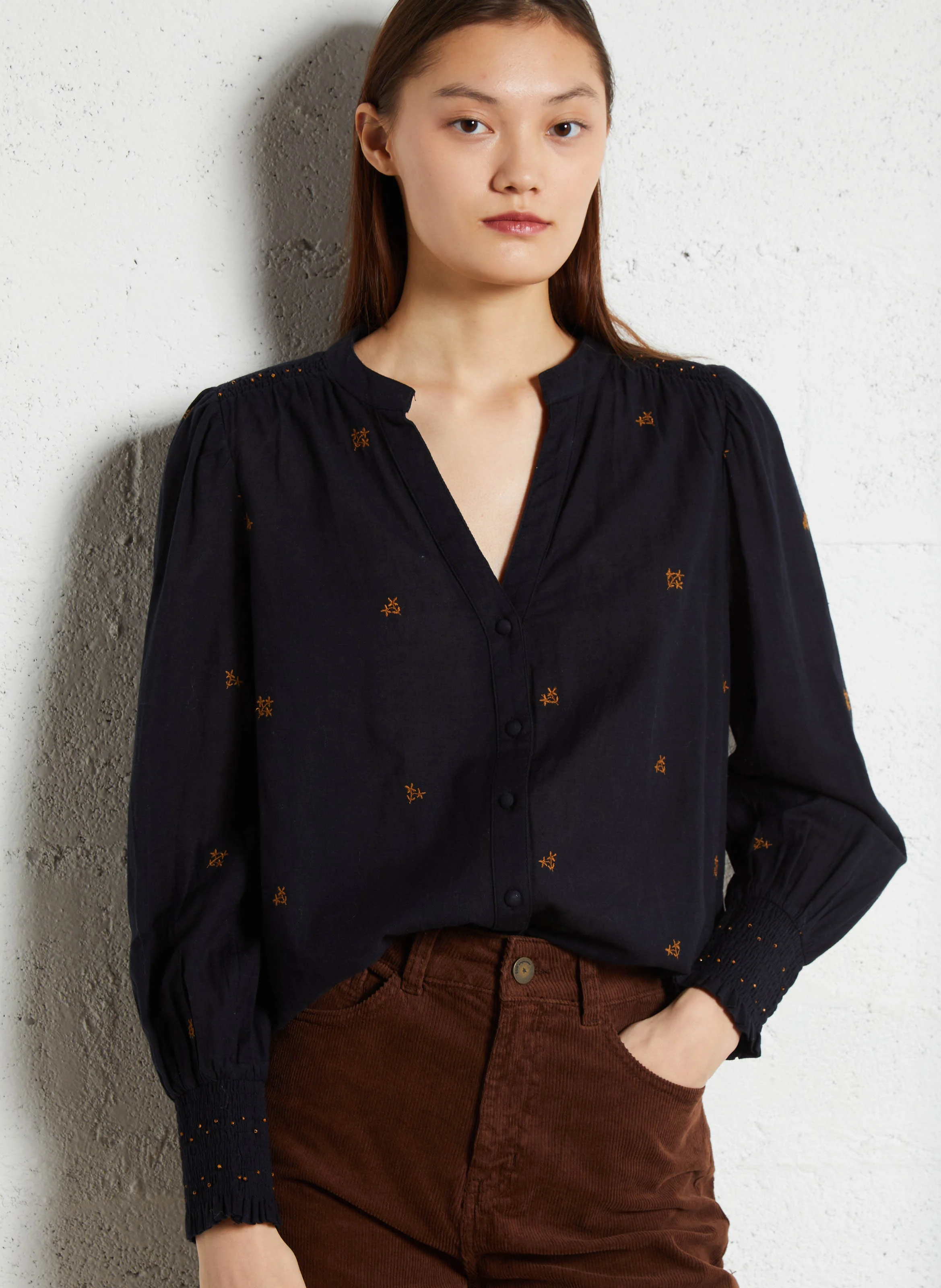 BAPTISTE - Blouse col tunisien en coton et en lin mélangés | Bleu