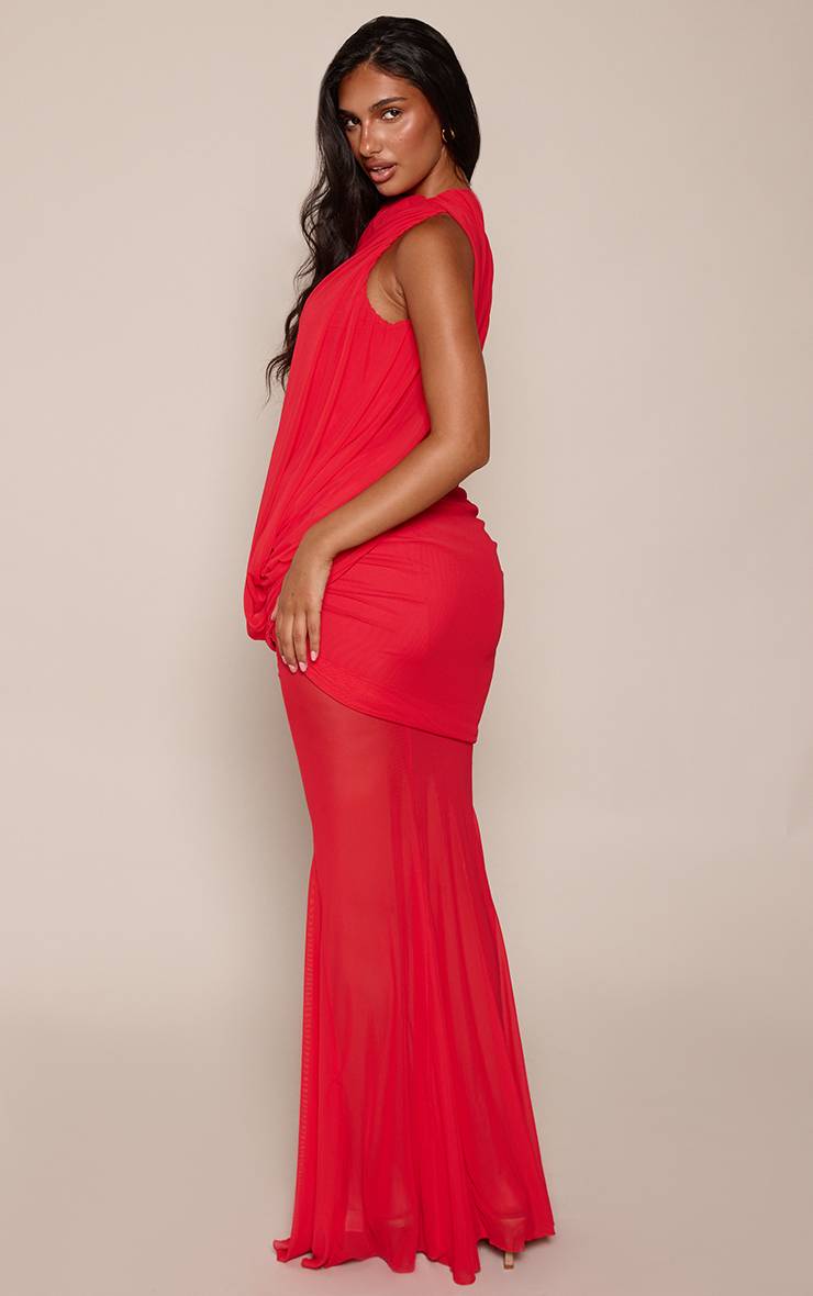 Rouge Robe Maxi Col Montant À Volants Étagés Drapé Asymétrique Et Jupe Sirène En Mesh Plt Label