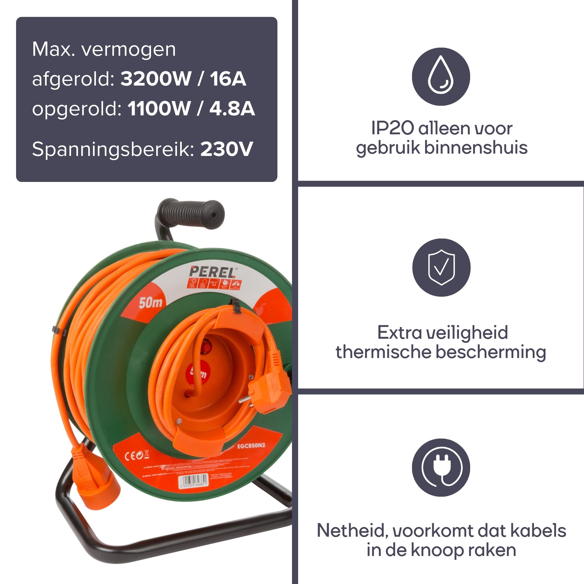 Perel EGCR50N2 1-voudige kabelhaspel - 50 meter