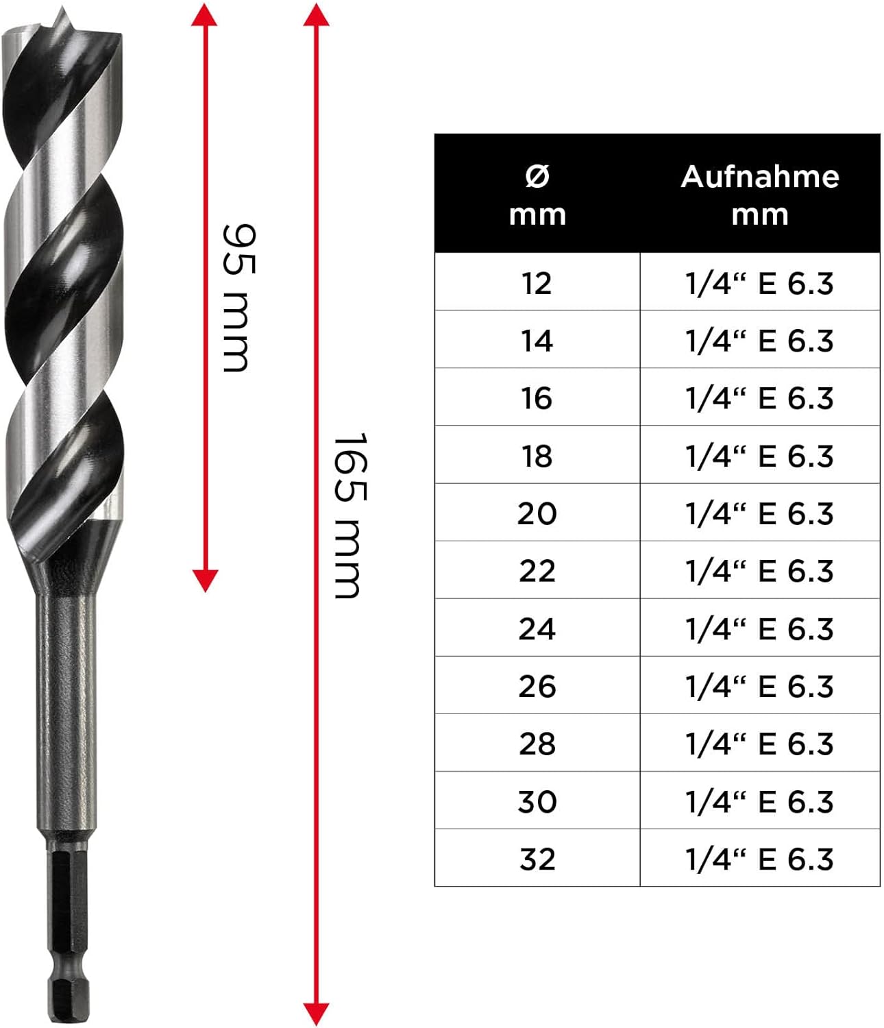 kwb 3-S Japan Schlangenbohrer ø 30 mm, 235 mm aus blankgeschliffenem CV-Stahl mit superscharfem Spitzenanschliff, Zentrierspitze und E 6.3 Schaft