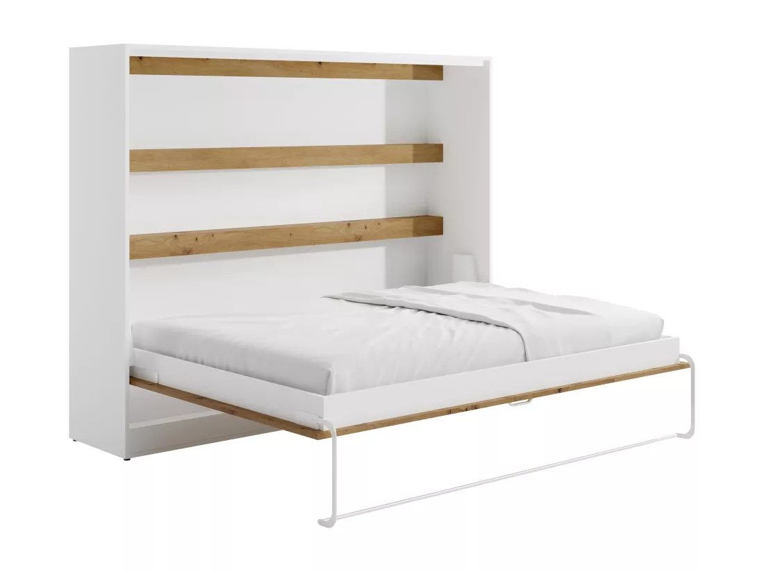 Lit escamotable 140 x 200 cm - Ouverture horizontale manuelle - Avec LEDs - Blanc et naturel - RAPILI