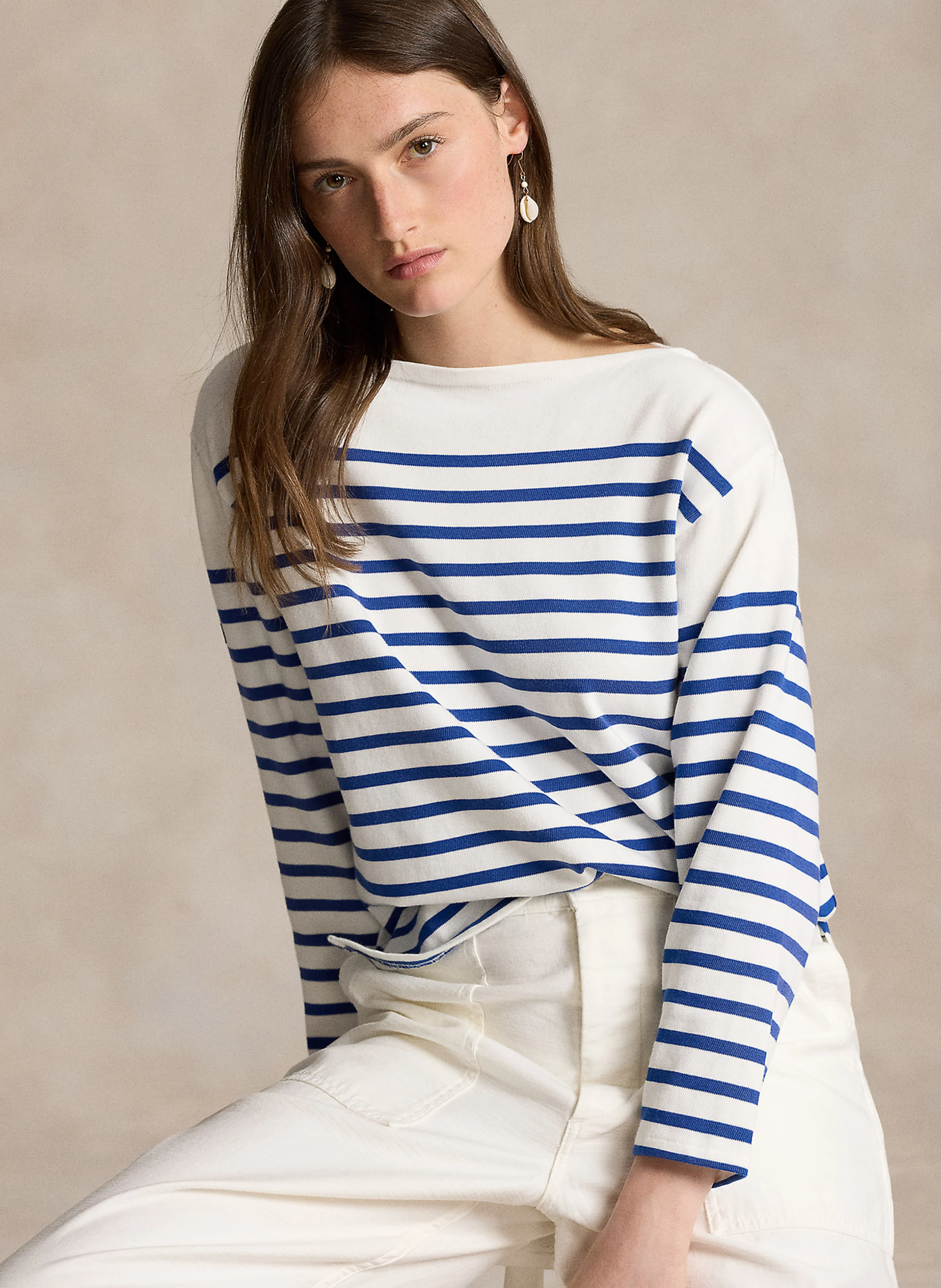 Top droit col bateau en coton | Beige
